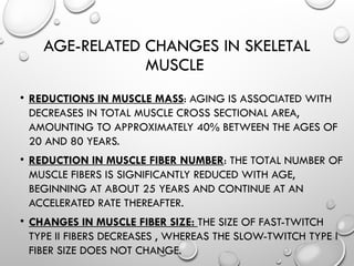 AGE-RELATED CHANGES IN SKELETAL
MUSCLE
• REDUCTIONS IN MUSCLE MASS: AGING IS ASSOCIATED WITH
DECREASES IN TOTAL MUSCLE CROSS­SECTIONAL AREA,
AMOUNTING TO APPROXIMATELY 40% BETWEEN THE AGES OF
20 AND 80 YEARS.
• REDUCTION IN MUSCLE FIBER NUMBER: THE TOTAL NUMBER OF
MUSCLE FIBERS IS SIGNIFICANTLY REDUCED WITH AGE,
BEGINNING AT ABOUT 25 YEARS AND CONTINUE AT AN
ACCELERATED RATE THEREAFTER.
• CHANGES IN MUSCLE FIBER SIZE: THE SIZE OF FAST-TWITCH
TYPE II FIBERS DECREASES , WHEREAS THE SLOW-TWITCH TYPE I
FIBER SIZE DOES NOT CHANGE.
 