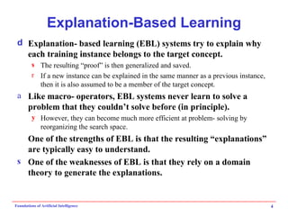 Explanation-Based Learning Explanation- based learning (EBL) systems try to explain why each training instance belongs to the target concept.  The resulting “proof” is then generalized and saved. If a new instance can be explained in the same manner as a previous instance, then it is also assumed to be a member of the target concept. Like macro- operators, EBL systems never learn to solve a problem that they couldn’t solve before (in principle).  However, they can become much more efficient at problem- solving by reorganizing the search space. One of the strengths of EBL is that the resulting “explanations” are typically easy to understand. One of the weaknesses of EBL is that they rely on a domain theory to generate the explanations. 