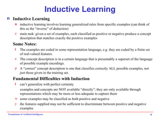 Inductive Learning Inductive Learning inductive learning involves learning generalized rules from specific examples (can think of this as the “inverse” of deduction) main task: given a set of examples, each classified as positive or negative produce a concept description that matches exactly the positive examples Some Notes: The examples are coded in some representation language, e.g. they are coded by a finite set of real-valued features. The concept description is in a certain language that is presumably a superset of the language of possible example encodings. A “correct” concept description is one that classifies correctly ALL possible examples, not just those given in the training set. Fundamental Difficulties with Induction can’t generalize with perfect certainty examples and concepts are NOT available “directly”; they are only available through representations which may be more or less adequate to capture them some examples may be classified as both positive and negative the features supplied may not be sufficient to discriminate between positive and negative examples 