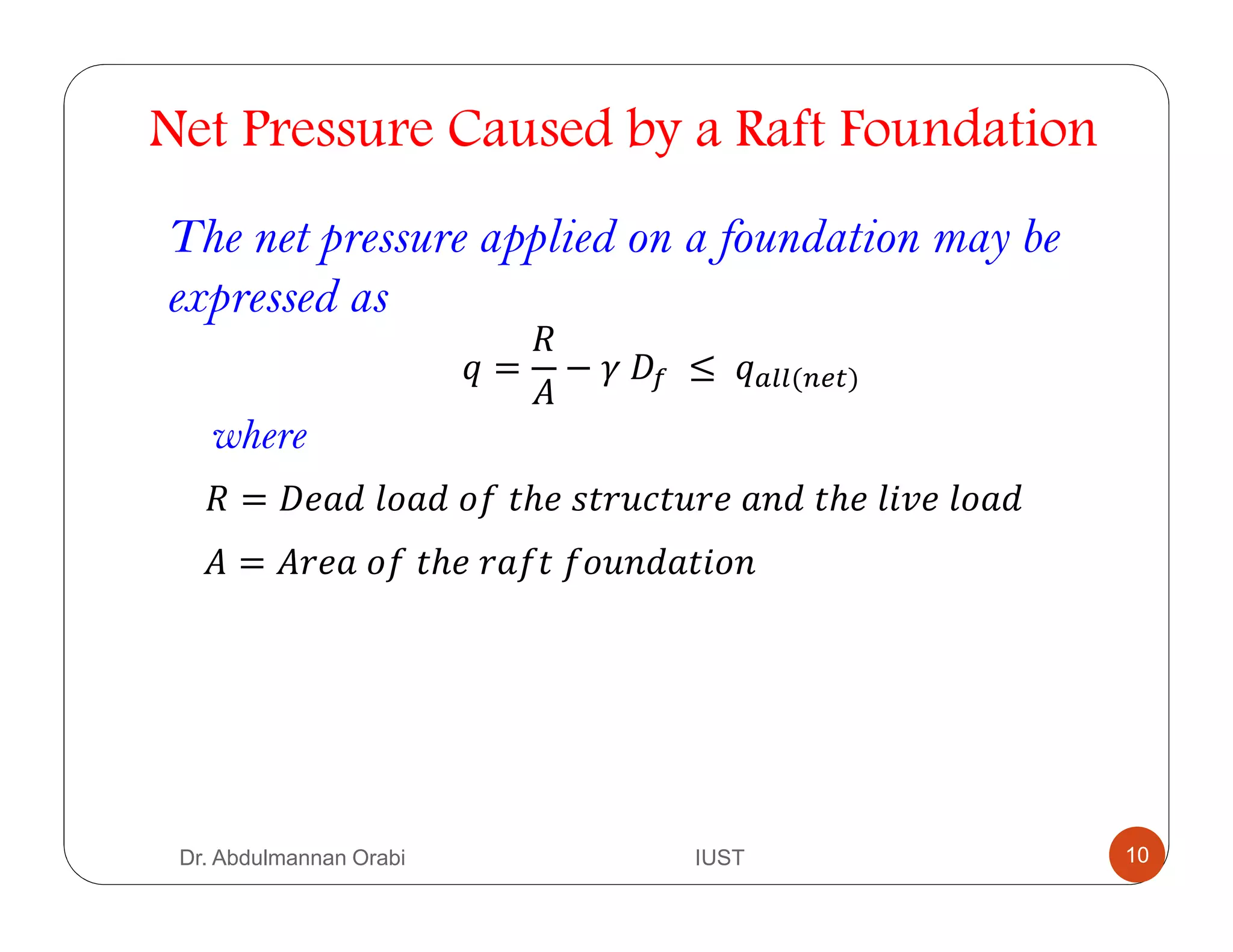 Net Pressure Caused by a Raft Foundation
The net pressure applied on a foundation may be
expressed as
= − 	 	≤	 ( )
where
= 	 	 	 ℎ 	 ! 	 	 ℎ 	 " 	
= 	 	 ℎ 	 	 	
Dr. Abdulmannan Orabi IUST 10
 