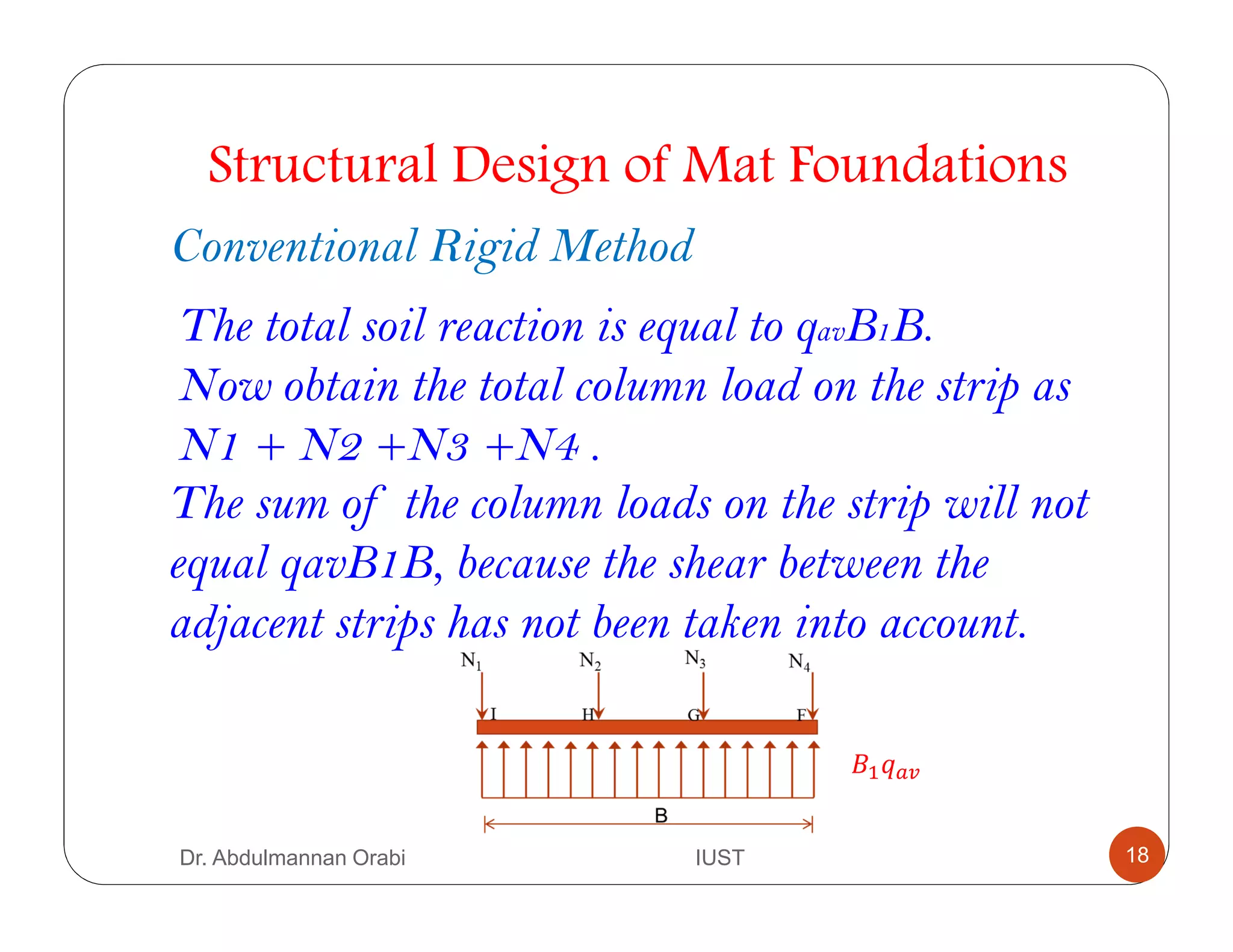 The total soil reaction is equal to qavB1B.
Now obtain the total column load on the strip as
N1 + N2 +N3 +N4 .
Structural Design of Mat Foundations
Conventional Rigid Method
The sum of the column loads on the strip will not
equal qavB1B, because the shear between the
adjacent strips has not been taken into account.
4$ B
Dr. Abdulmannan Orabi IUST 18
 