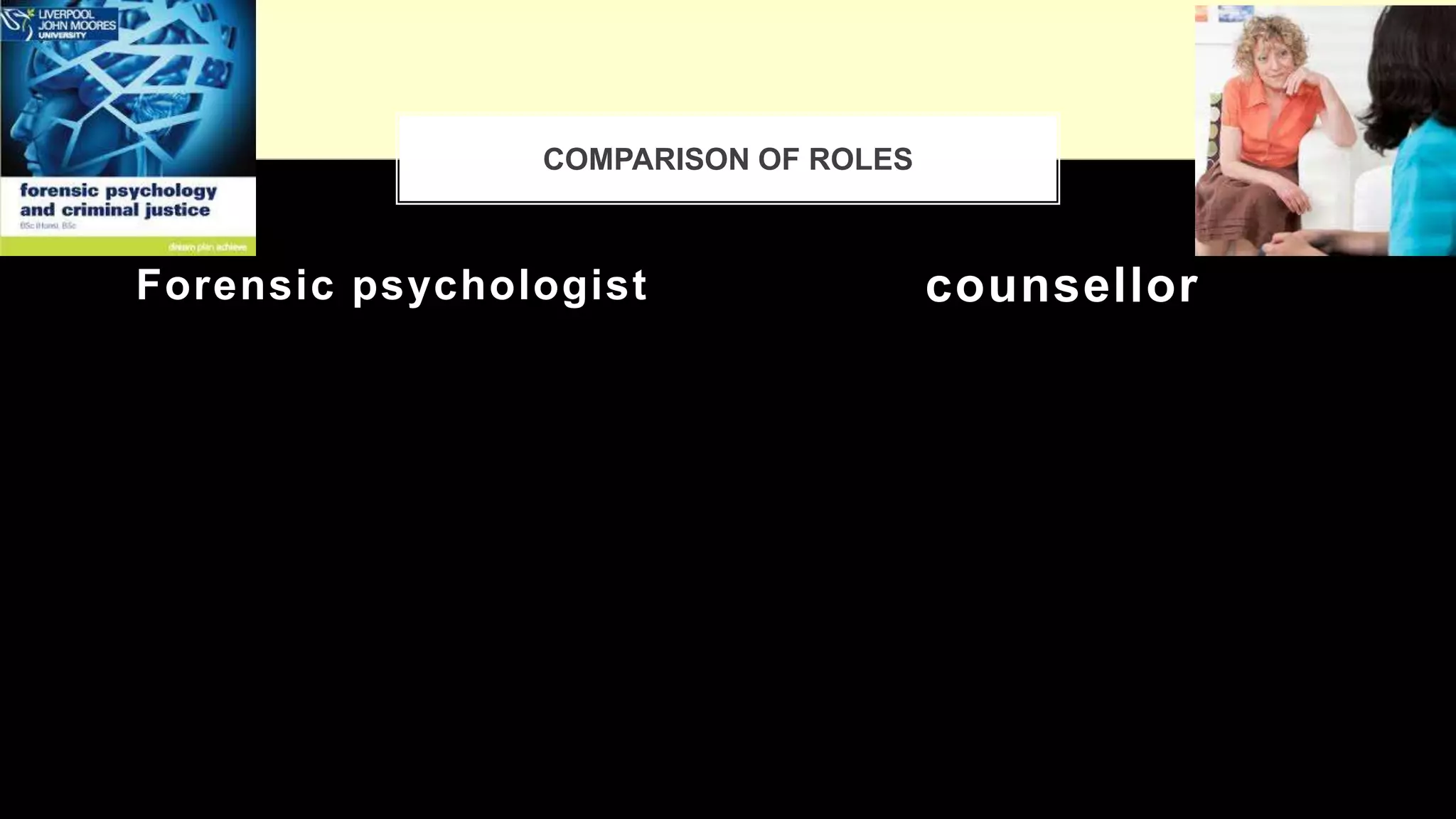 Forensic psychologist counsellor
COMPARISON OF ROLES
 