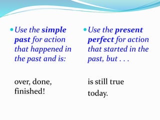 Use the simple
past for action
that happened in
the past and is:
over, done,
finished!
Use the present
perfect for action
that started in the
past, but . . .
is still true
today.
 