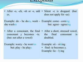 Exceptions
• After -o, -ch, -sh or -s, add
es.
Example: do - he does, wash -
she washes
• After a consonant, the final
consonant y becomes -ie.
(but: not after a vowel)
Example: worry - he worries
but: play - he plays
• Silent -e is dropped. (but:
does not apply for -ee)
Example: come - coming
but: agree - agreeing
• After a short, stressed vowel,
the final consonant is
doubled.
Example: sit – sitting
• final -ie becomes y.
Example: lie – lying
 