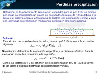 Pérdidas precipitación
18I. Zamora Unidad II: Análisis de Radiopropagación
Determine el desvanecimiento (atenuación excedida) para el p=0.01% del tiempo
por causa de precipitación un enlace de microondas terrestre de 10Km debido a la
lluvia si el sistema opera a la frecuencia de 35GHz, con polarización vertical y para
una intensidad de precipitación media anual definida en el territorio nacional.
Solución:
Para el caso de un radioenlace terrestre, para un p=0.01% tenemos la expresión
siguiente:
Necesitamos determinar la atenuación específica y la distancia efectiva. Para la
atenuación específica recurrimos a la expresión:
dB);(01.0 KmdA effR  
)/( KmdBkRR

 
Donde los factores k y  se obtienen de la recomendación ITU-R P.838, a través
de las tablas o gráficas mostradas para polarización vertical.
deff (km)
 