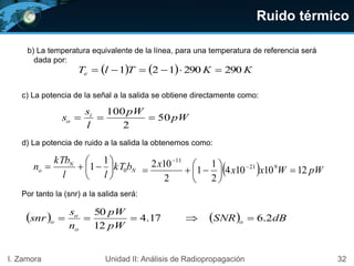 Ruido térmico
32I. Zamora Unidad II: Análisis de Radiopropagación
b) La temperatura equivalente de la línea, para una temperatura de referencia será
dada por:
    KKTlTe 290290121 
d) La potencia de ruido a la salida la obtenemos como:
N
N
o bkT
ll
kTb
n 0
1
1 





   pWWxx
x
1210104
2
1
1
2
102 921
11






 

c) La potencia de la señal a la salida se obtiene directamente como:
pW
pW
l
s
s i
o 50
2
100

    dBSNR
pW
pW
n
s
snr o
o
o
o 2.617.4
12
50

Por tanto la (snr) a la salida será:
 