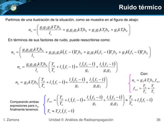 Partimos de una ilustración de la situación, como se muestra en al figura de abajo:






 NNN
x
Na
o bkTgbkTggbkTggg
l
bkTggg
n 332321321
321
En términos de sus factores de ruido, puede reescribirse como:
      





 NoNoNo
x
Na
o bTfkgbTfkggbTfkggg
l
bkTggg
n 111 332321321
321
     





 



21
3
1
2
1
321 11
1
gg
fl
g
fl
fl
T
T
l
bkTggg
n xx
x
o
a
x
No
o
     





 



21
3
1
2
1
11
1
gg
fl
g
fl
fl
T
T
bkTgn xx
x
o
a
NoTo
       1
11
1 1
21
3
1
2
1 




 


 fl
T
T
gg
fl
g
fl
fl
T
T
f x
o
axx
x
o
a
sysComparando ambas
expresiones para no,
finalmente tenemos:
 11  flTT xoe
Ruido térmico
sysNoTo fbkTgn 
Con:
o
e
o
a
sys
T
T
T
T
f 
36I. Zamora Unidad II: Análisis de Radiopropagación
 