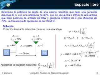 Espacio libre
8I. Zamora Unidad II: Análisis de Radiopropagación
Determine la potencia de salida de una antena receptora que tiene una ganancia
directiva de 5, con una eficiencia de 80%, que se encuentra a 20Km de una antena
que tiene potencia de entrada de 40W y ganancia directiva de 4 con eficiencia de
70%. La frecuencia de operación es de 150MHz.
Solución:
Podemos ilustrar la situación como se muestra abajo:
TX RX
4Td
%70rad
5Rd
%80rad
MHzf 150Wpt 40 ?rp
Kmr 20
Aplicamos la ecuación siguiente:
2
4







r
gg
p
p
rt
t
r


2
4







r
ggpp rttr


2
,,
4
))(( 






r
ddpp rrradttradtr



268
000,204
10150/103
)58.0)(47.0(40 








xx
pr
Wxpr
8
1038.2 

dBmpr 23.46
rrradrttradt dgdg ,, y  
 