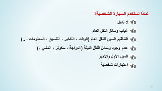 36
‫بديل‬ ‫ال‬
‫العام‬ ‫النقل‬ ‫وسائل‬ ‫غياب‬
‫العام‬ ‫للنقل‬ ‫السيئ‬ ‫التنظيم‬
(
، ‫المعلومات‬ ، ‫التنسيق‬ ، ‫التأخير‬ ، ‫الوقت‬
)..
‫اللينة‬ ‫النقل‬ ‫وسائل‬ ‫وجود‬ ‫عدم‬
(
، ‫المشي‬ ، ‫سكوتر‬ ، ‫الدراجة‬
)
‫واألخير‬ ‫األول‬ ‫الميل‬
‫شخصية‬ ‫اعتبارات‬
‫الشخصية؟‬ ‫السيارة‬ ‫نستخدم‬ ‫لماذا‬
 