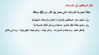 52
‫من‬ ‫أكثر‬ ‫بها‬ ‫يعمل‬ ‫التي‬ ‫للشركات‬ ‫إجبارية‬ ‫خطة‬
50
‫ا‬ً‫ف‬‫موظ‬
‫الشركات‬ ‫في‬ ‫الموظفين‬ ‫تنقل‬
‫الموظفين‬ ‫سفر‬ ‫تحليل‬
(
‫المنزل‬
/
‫المهنية‬ ‫والرحالت‬ ‫العمل‬
.)
‫المستدامة‬ ‫النقل‬ ‫وسائل‬ ‫استخدام‬ ‫لتعزيز‬ ‫تنقل‬ ‫خطة‬ ‫وضع‬
(
‫ذلك‬ ‫إلى‬ ‫وما‬ ، ‫الكهربائية‬ ‫والمركبات‬ ، ‫والدراجات‬ ، ‫السيارات‬ ‫واستخدام‬ ، ‫العام‬ ‫النقل‬
.)
 
