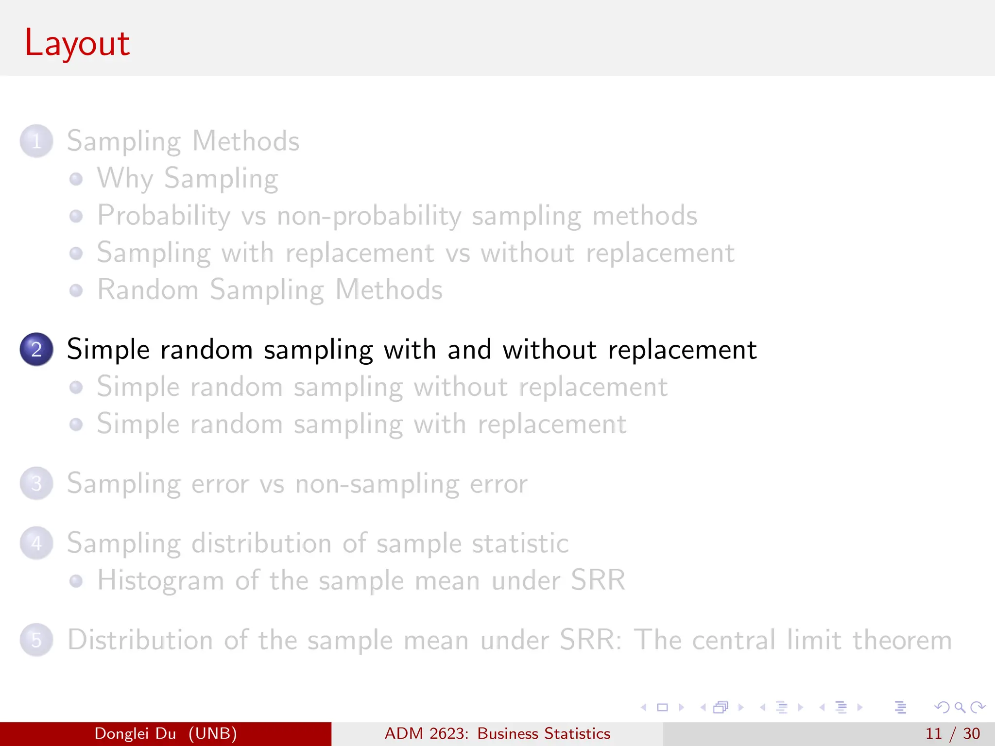 Layout
1 Sampling Methods
Why Sampling
Probability vs non-probability sampling methods
Sampling with replacement vs without replacement
Random Sampling Methods
2 Simple random sampling with and without replacement
Simple random sampling without replacement
Simple random sampling with replacement
3 Sampling error vs non-sampling error
4 Sampling distribution of sample statistic
Histogram of the sample mean under SRR
5 Distribution of the sample mean under SRR: The central limit theorem
Donglei Du (UNB) ADM 2623: Business Statistics 11 / 30
 