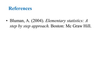 References
• Bluman, A. (2004). Elementary statistics: A
step by step approach. Boston: Mc Graw Hill.
 