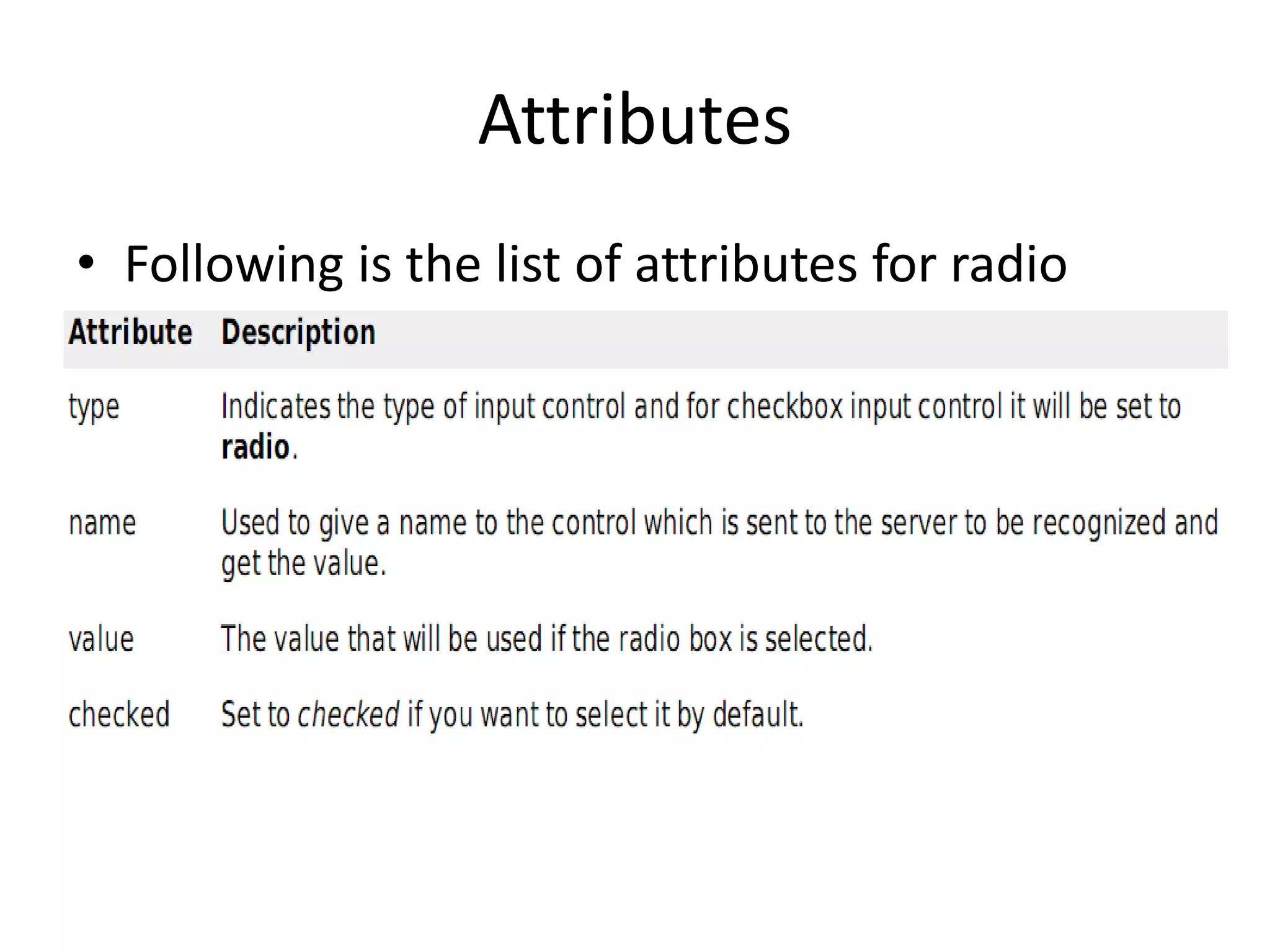Attributes
• Following is the list of attributes for radio
button:
 