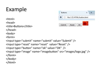 Example
<html>
<head>
<title>Buttons</title>
</head>
<body>
<form>
<input type="submit" name="submit" value="Submit" />
<input type="reset" name="reset" value="Reset" />
<input type="button" name="ok" value="OK" />
<input type="image" name="imagebutton" src="images/logo.jpg" />
</form>
</body>
</html>
 