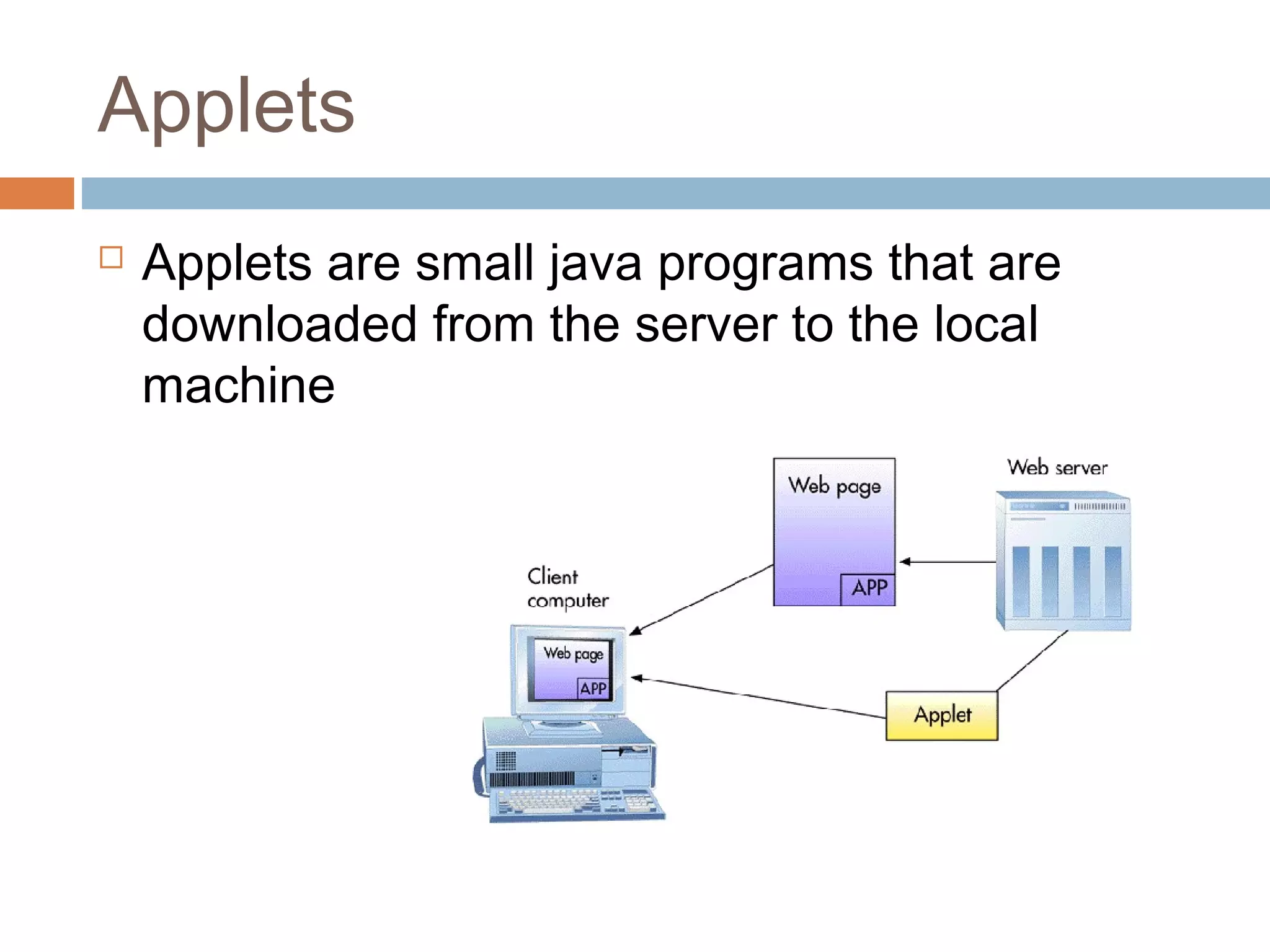Applets
 Applets are small java programs that are
downloaded from the server to the local
machine
 