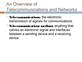 An Overview of
Telecommunications and Networks
 Telecommunications: the electronic
transmission of signals for communications
 Telecommunications medium: anything that
carries an electronic signal and interfaces
between a sending device and a receiving
device
 
