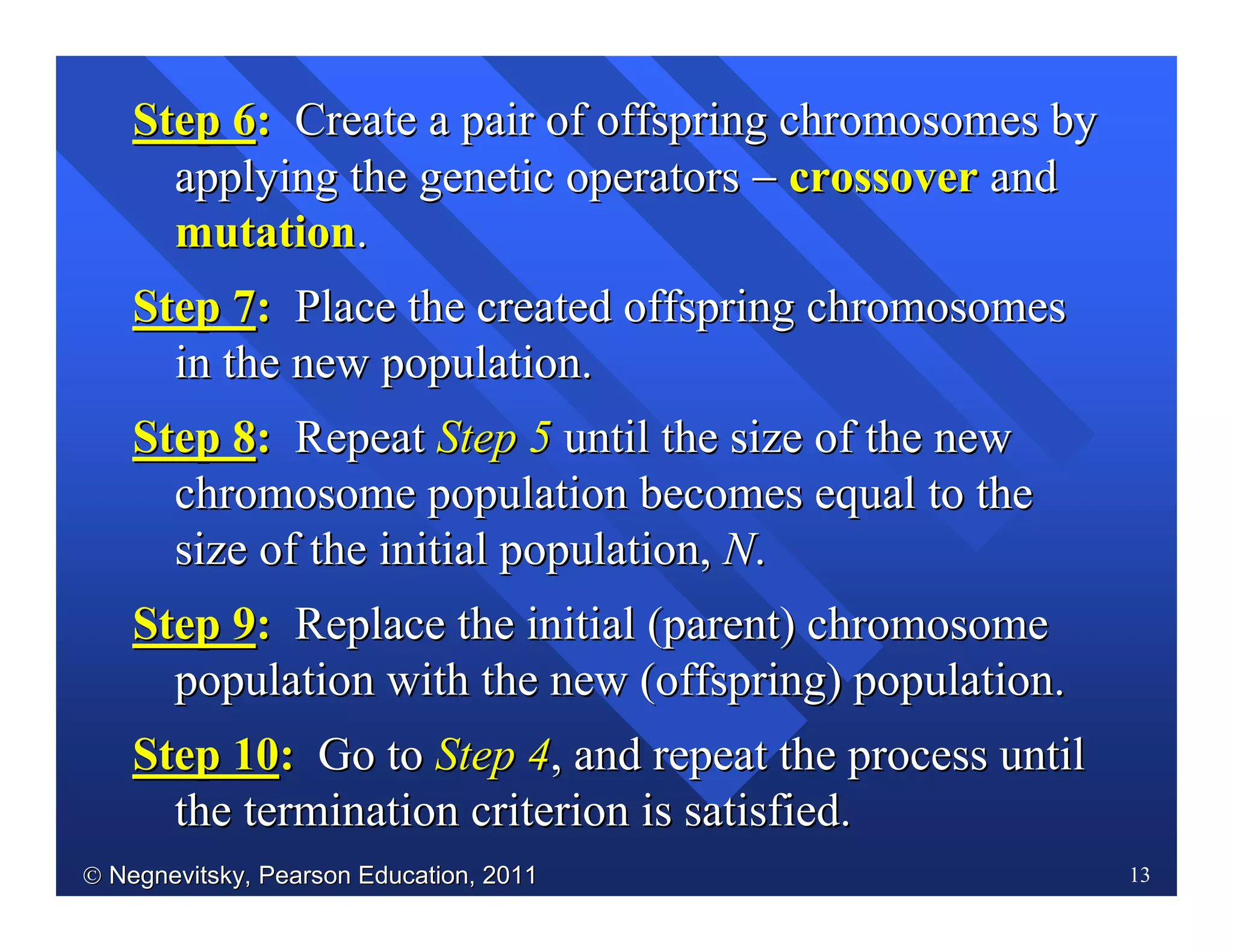  Negnevitsky, Pearson Education, 2011Negnevitsky, Pearson Education, 2011 13
Step 6Step 6:: Create a pair of offspring chromosomes byCreate a pair of offspring chromosomes by
applying the genetic operatorsapplying the genetic operators −− crossovercrossover andand
mutationmutation..
Step 7Step 7:: Place the created offspring chromosomesPlace the created offspring chromosomes
in the new population.in the new population.
Step 8Step 8:: RepeatRepeat Step 5Step 5 until the size of the newuntil the size of the new
chromosome population becomeschromosome population becomes equal to theequal to the
size of thesize of the initial population,initial population, NN..
Step 9Step 9:: ReplaceReplace the initial (parent) chromosomethe initial (parent) chromosome
population with the new (offspring) population.population with the new (offspring) population.
StepStep 1010:: Go toGo to Step 4Step 4, and repeat the process until, and repeat the process until
the termination criterion is satisfied.the termination criterion is satisfied.
 
