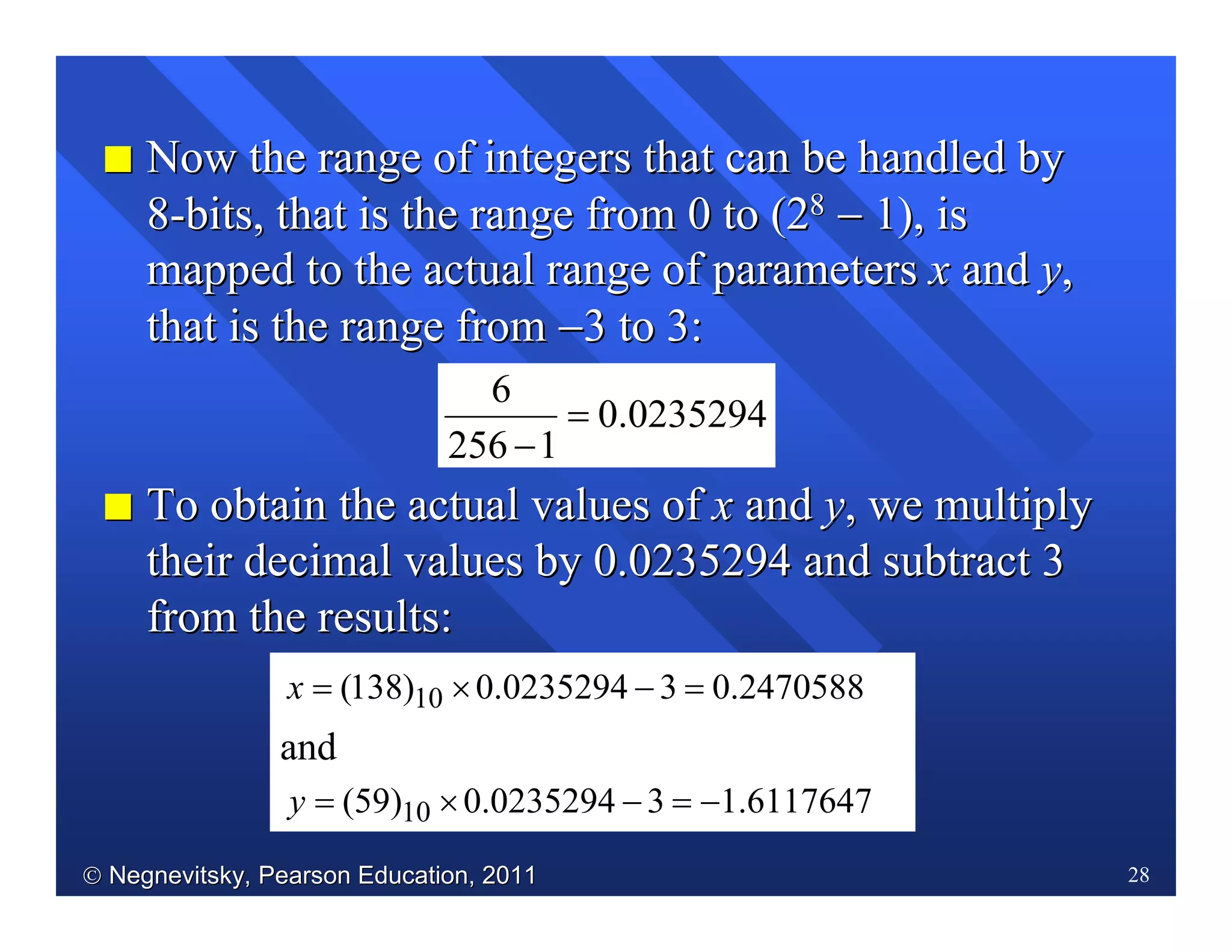  Negnevitsky, Pearson Education, 2011Negnevitsky, Pearson Education, 2011 28
II Now the range of integers that can be handled byNow the range of integers that can be handled by
88--bits, that is the range from 0 to (2bits, that is the range from 0 to (288
−− 1), is1), is
mapped to the actual range of parametersmapped to the actual range of parameters xx andand yy,,
that is the range fromthat is the range from −−3 to 3:3 to 3:
II ToTo obtain the actual values ofobtain the actual values of xx andand yy, we multiply, we multiply
their decimal values by 0.0235294 and subtract 3their decimal values by 0.0235294 and subtract 3
from the results:from the results:
0235294.0
1256
6
=
−
2470588.030235294.0)138( 10 =−×=x
and
6117647.130235294.0)59( 10 −=−×=y
 
