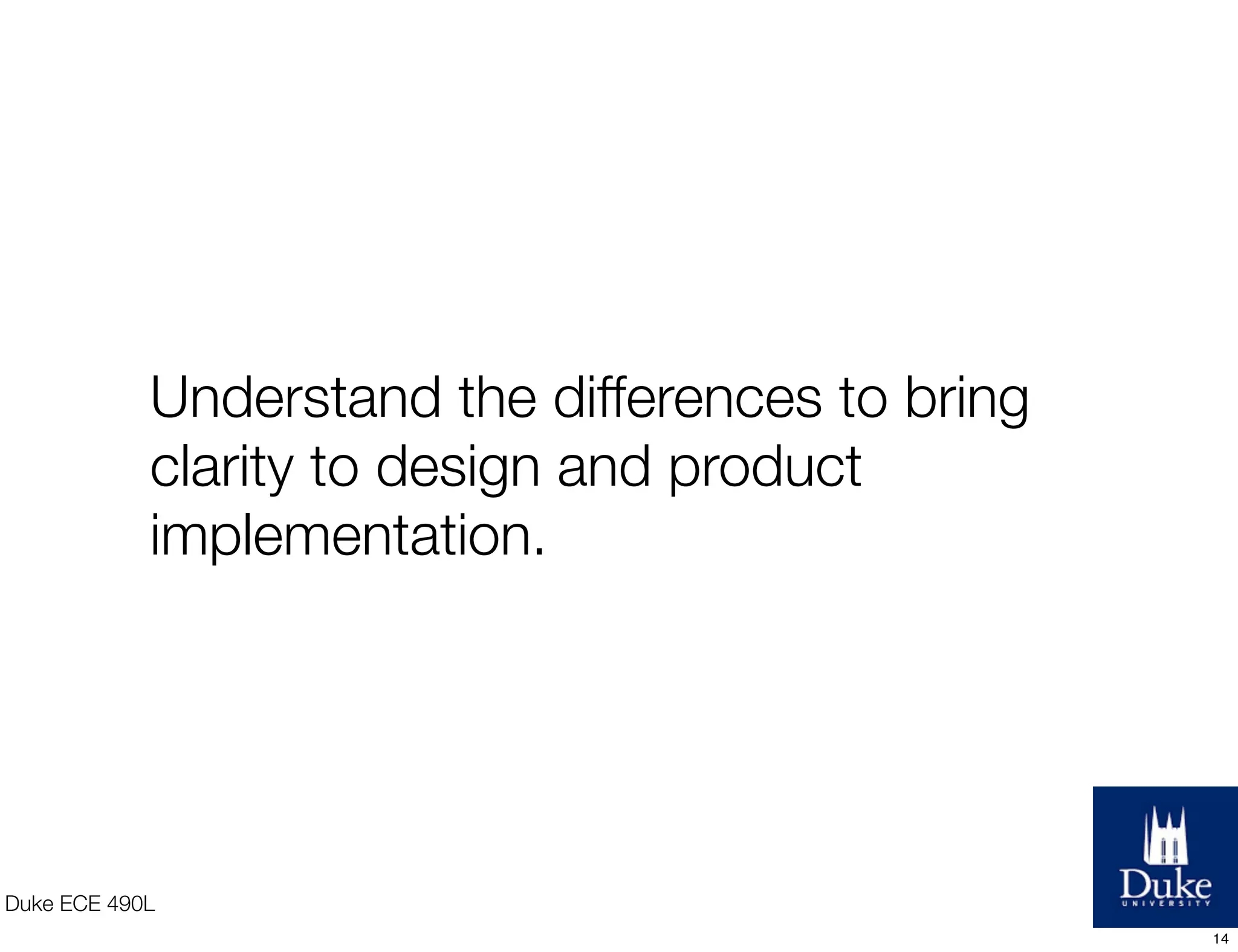 Duke ECE 490L
Understand the differences to bring
clarity to design and product
implementation.
14
 