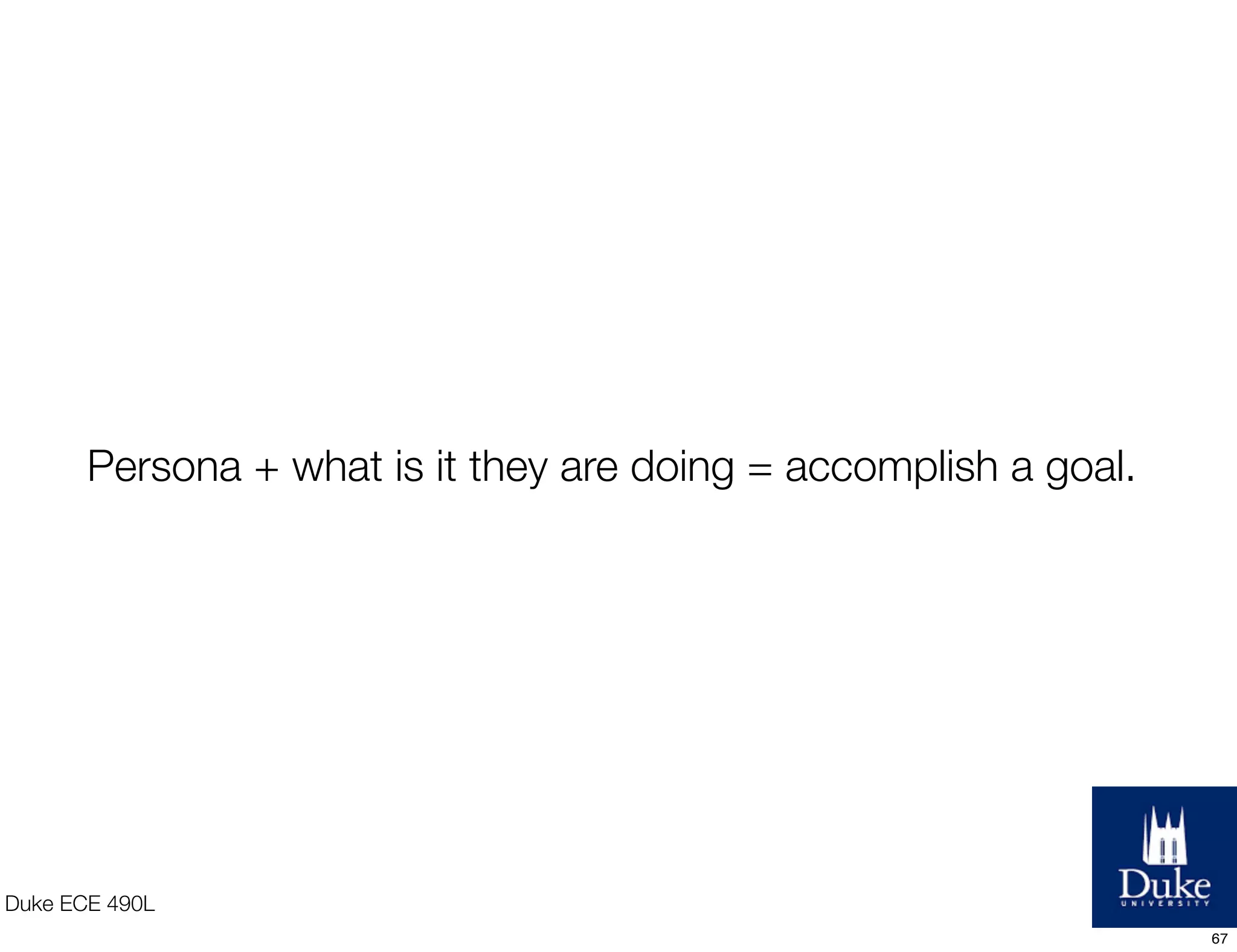 Duke ECE 490L
Persona + what is it they are doing = accomplish a goal.
67
 