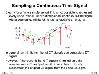 Sampling a Continuous-Time Signal
Clearly for a finite sample period T, it is not possible to represent
every uncountable, infinite-dimensional continuous-time signal
with a countable, infinite-dimensional discrete-time signal.
In general, an infinite number of CT signals can generate a DT
signal.
However, if the signal is band (frequency) limited, and the
samples are sufficiently close, it is possible to uniquely
reconstruct the original CT signal from the sampled signal
x1(t),
x2(t),
x3(t),
x[n]
t=nT
 