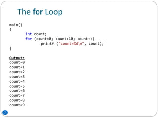 The for Loop
7
main()
{
int count;
for (count=0; count<10; count++)
printf ("count=%dn", count);
}
Output:
count=0
count=1
count=2
count=3
count=4
count=5
count=6
count=7
count=8
count=9
 