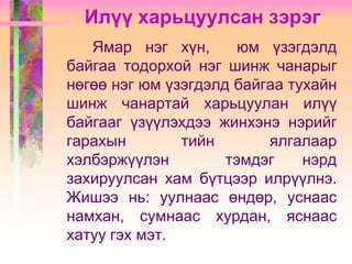 Илүү харьцуулсан зэрэг
Ямар нэг хүн,
юм үзэгдэлд
байгаа тодорхой нэг шинж чанарыг
нөгөө нэг юм үзэгдэлд байгаа тухайн
шинж чанартай харьцуулан илүү
байгааг үзүүлэхдээ жинхэнэ нэрийг
гарахын
тийн
ялгалаар
хэлбэржүүлэн
тэмдэг
нэрд
захируулсан хам бүтцээр илрүүлнэ.
Жишээ нь: уулнаас өндөр, уснаас
намхан, сумнаас хурдан, яснаас
хатуу гэх мэт.

 