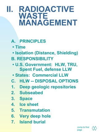 II. RADIOACTIVE
WASTE
MANAGEMENT
A. PRINCIPLES
• Time
• Isolation (Distance, Shielding)
B. RESPONSIBILITY
• U.S. Government: HLW, TRU,
Spent Fuel, defense LLW
• States: Commercial LLW
C. HLW -- DISPOSAL OPTIONS
1. Deep geologic repositories
2. Subseabed
3. Space
4. Ice sheet
5. Transmutation
6. Very deep hole
7. Island burial
Jump to first
page

 