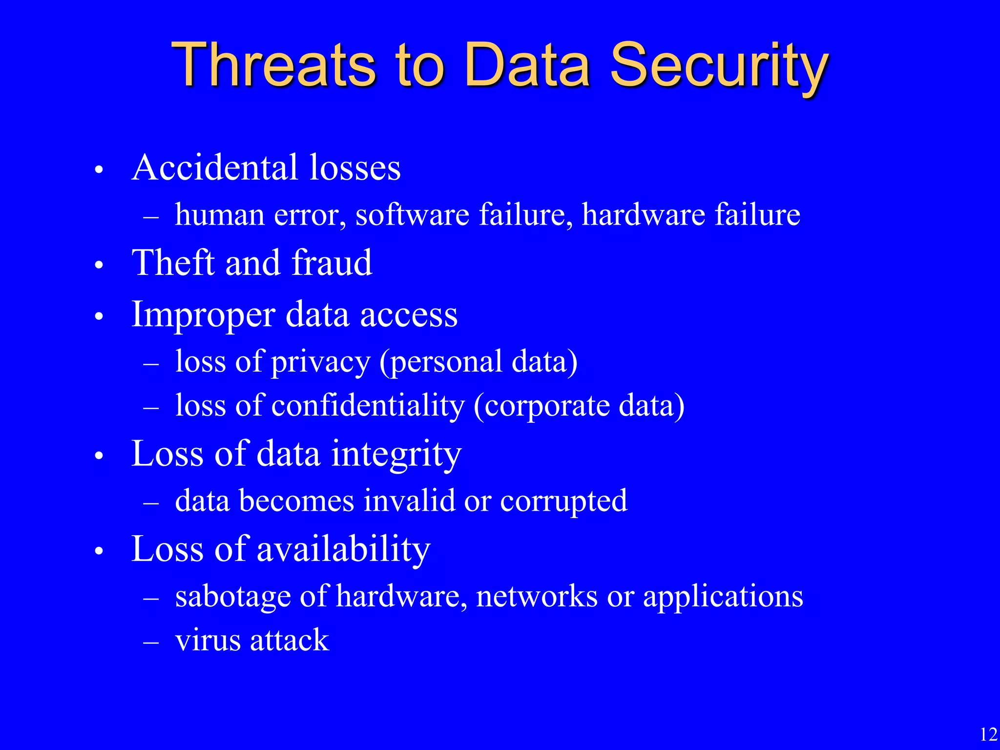 12
Threats to Data Security
• Accidental losses
– human error, software failure, hardware failure
• Theft and fraud
• Improper data access
– loss of privacy (personal data)
– loss of confidentiality (corporate data)
• Loss of data integrity
– data becomes invalid or corrupted
• Loss of availability
– sabotage of hardware, networks or applications
– virus attack
 