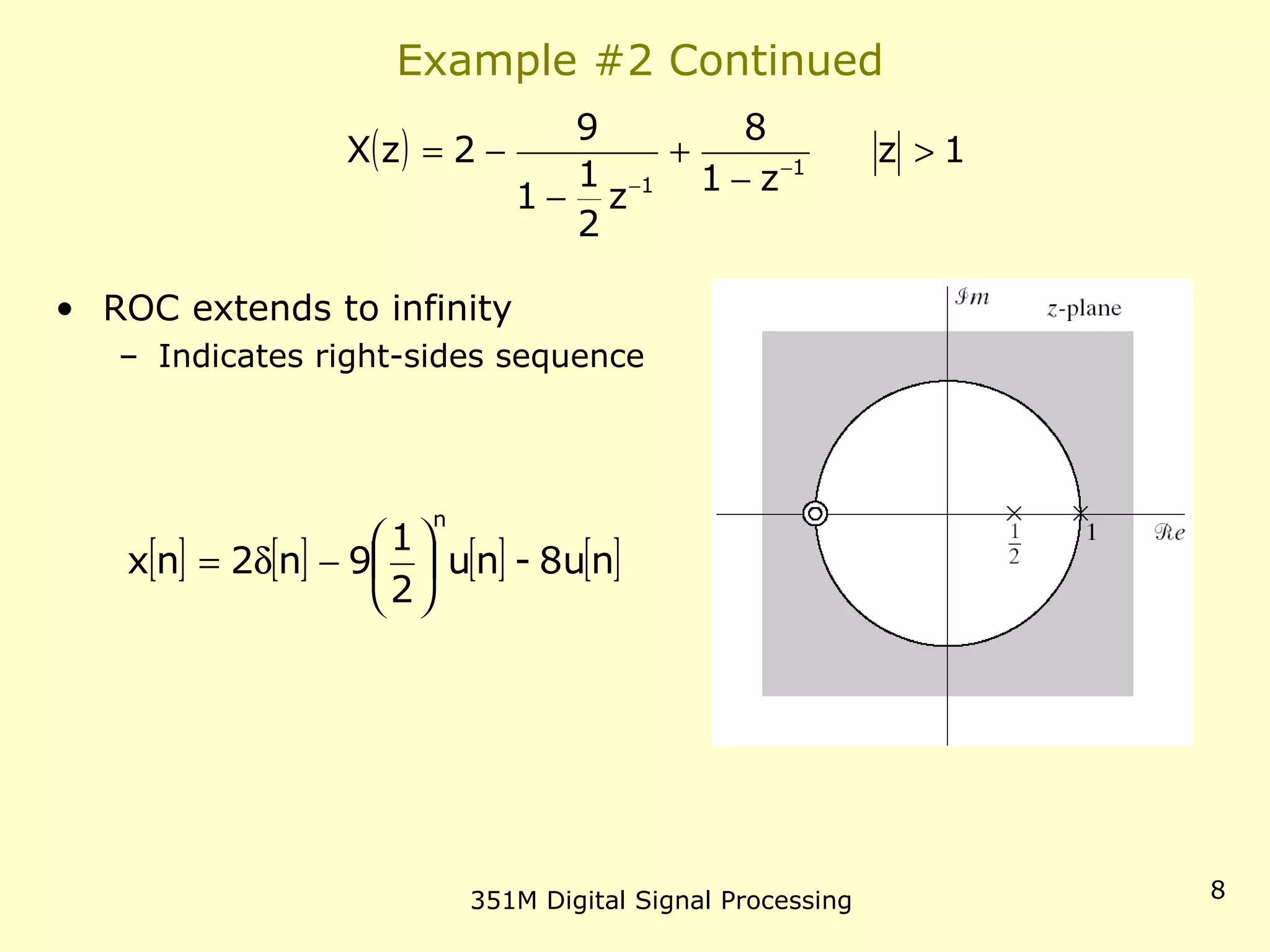 351M Digital Signal Processing 8
Example #2 Continued
• ROC extends to infinity
– Indicates right-sides sequence
( ) 1z
z1
8
z
2
1
1
9
2zX 1
1
>
−
+
−
−= −
−
[ ] [ ] [ ] [ ]n8u-nu
2
1
9n2nx
n






−δ=
 
