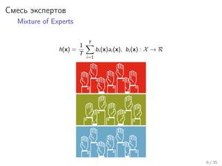 Смесь экспертов
Mixture of Experts
h(x) =
1
T
T
i=1
bi (x)ai (x), bi (x) : X → R
6 / 35
 