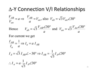 ∆-Y Connection V/I Relationships
, also 3 30
3030
Hence 3 and 3
For current we get
1
1
3 30 30
3
1
30
3
AB AB
an ab an
an
AnAB
ab an
AB
a AB
a
A AB AB A
a A
V V
a V V V
V a
VV
V V
a a
I
I a I
I a
I I I I
I a I
= ⇒ = = ∠ °
∠ °∠ °
= =
= ⇒ =
= ∠ − ° ⇒ = ∠ °
∴ = ∠ °
15
 