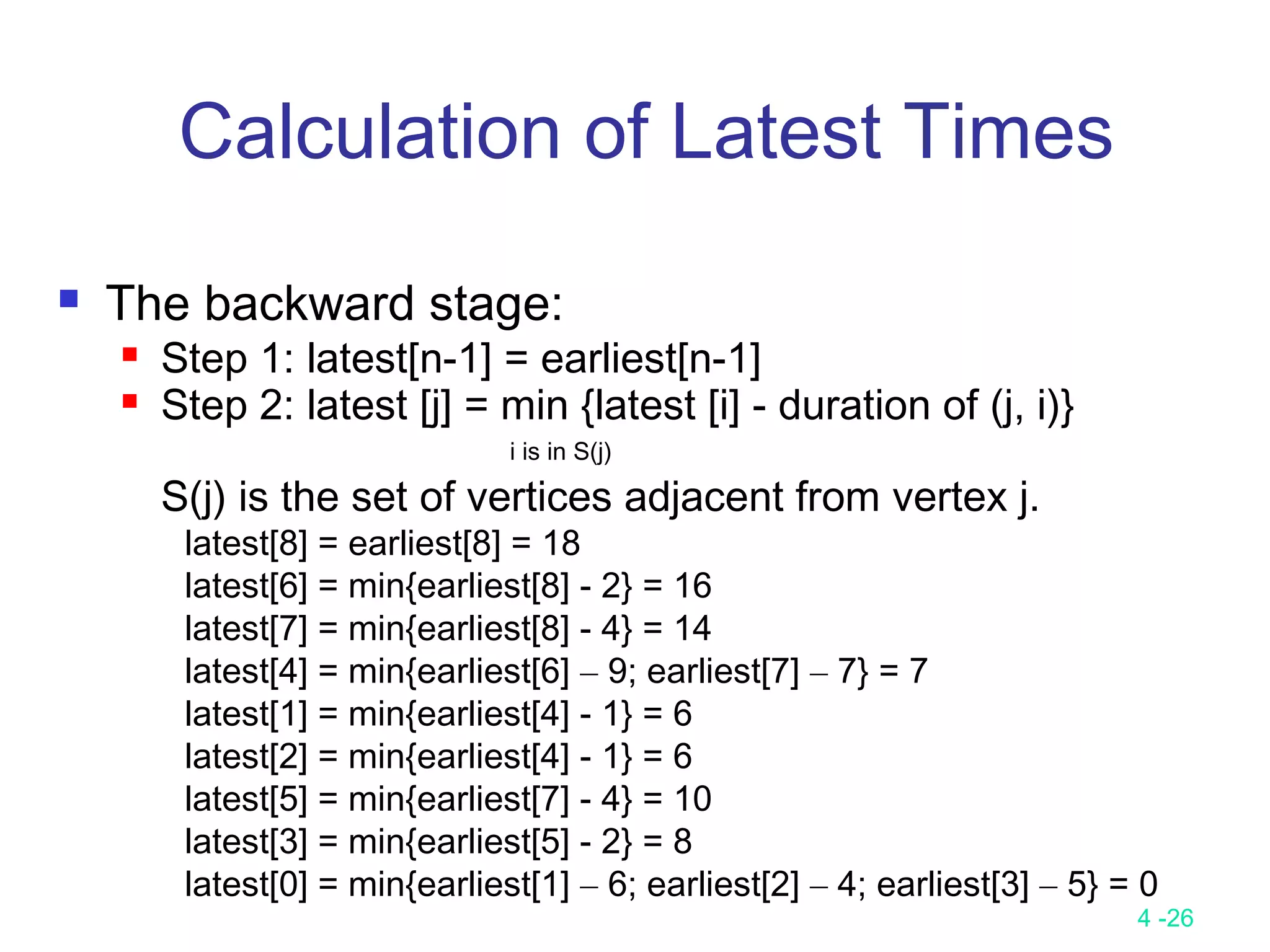 4 -26
 The backward stage:
 Step 1: latest[n-1] = earliest[n-1]
 Step 2: latest [j] = min {latest [i] - duration of (j, i)}
i is in S(j)
S(j) is the set of vertices adjacent from vertex j.
latest[8] = earliest[8] = 18
latest[6] = min{earliest[8] - 2} = 16
latest[7] = min{earliest[8] - 4} = 14
latest[4] = min{earliest[6] – 9; earliest[7] – 7} = 7
latest[1] = min{earliest[4] - 1} = 6
latest[2] = min{earliest[4] - 1} = 6
latest[5] = min{earliest[7] - 4} = 10
latest[3] = min{earliest[5] - 2} = 8
latest[0] = min{earliest[1] – 6; earliest[2] – 4; earliest[3] – 5} = 0
Calculation of Latest Times
 