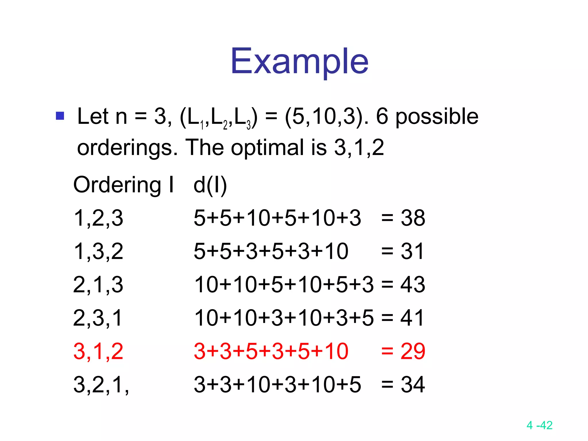 4 -42
Example
 Let n = 3, (L1,L2,L3) = (5,10,3). 6 possible
orderings. The optimal is 3,1,2
Ordering I d(I)
1,2,3 5+5+10+5+10+3 = 38
1,3,2 5+5+3+5+3+10 = 31
2,1,3 10+10+5+10+5+3 = 43
2,3,1 10+10+3+10+3+5 = 41
3,1,2 3+3+5+3+5+10 = 29
3,2,1, 3+3+10+3+10+5 = 34
 
