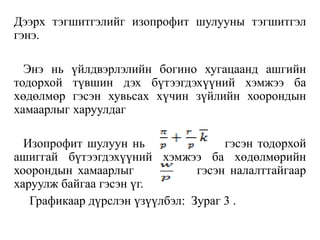 Дээрх тэгшитгэлийг изопрофит шулууны тэгшитгэл
гэнэ.
Энэ нь үйлдвэрлэлийн богино хугацаанд ашгийн
тодорхой түвшин дэх бүтээгдэхүүний хэмжээ ба
хөдөлмөр гэсэн хувьсах хүчин зүйлийн хоорондын
хамаарлыг харуулдаг
Изопрофит шулуун нь гэсэн тодорхой
ашиггай бүтээгдэхүүний хэмжээ ба хөдөлмөрийн
хоорондын хамаарлыг гэсэн налалттайгаар
харуулж байгаа гэсэн үг.
Графикаар дүрслэн үзүүлбэл: Зураг 3 .
 
