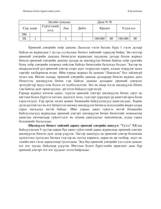 Нягтлан бодох бүртгэлийн үндэс Б.Бүжидмаа
Ýíãèéí õóâüöàà Äàíñ N 50
Ñàð, ºäºð
Ã¿éëãýýíèé
óòãà
Ëàâ Äåáåò Êðåäèò ¯ëäýãäýë
200.
IX 1 1 180.000 00 180.000 00
Åðºíõèé äýâòðèéí õî¸ð äàíñíû Ëàâëàãàà ãýñýí áàãàíà á¿ðä 1 ãýñýí äóãààð
áàéãàà íü æóðíàëûí 1 ä¿ãýýð õóóäàñíààñ áè÷èëò õèéñíèéã õàðóóëæ áàéíà. Ýíý ìýòýýð
åðºíõèé äýâòðèéí äàíñàíä áè÷èãäñýí æóðíàëûí õóóäàñíû äóãààð áîëîí æóðíàë
áè÷ñýí åðºíõèé äýâòðèéí äàíñíû äóãààð íü øèëæ¿¿ëýí áè÷èæ áàéãàà õî¸ð ä¿íãèéí
áóþó õî¸ð äýâòðèéí õîîðîíä õèéãäýæ áàéãàà áè÷èëòèéí áàòàëãàà áîëäîã. Ýäãýýð íü
øààðäëàãàòàé ¿åä åðºíõèé äýâòýð äýýðõ ä¿íã òîäðóóëàí õàðàõ, àëäààã èëð¿¿ëæ çàñàõ
çýðãèéã õÿëáàð÷èëæ ºãäºã. Èéì ó÷ðààñ æóðíàë áà äàíñíû “Ëàâëàãàà” áîë çàéëøã¿é
÷óõàë þì. Íºãºº òàëààð, åðºíõèé äýâòðèéí äàíñíû äóãààðààð áè÷ñýí æóðíàë äàõü
áè÷èëòýýñ øèëæ¿¿ëýí áè÷èõ ãýæ áàéãàà äàíñíû äóãààðûã åðºíõèé äýâòðýýñ
ýðýëã¿éãýýð øóóä îëæ áîëîõ à÷ õîëáîãäîëòîé. Ýíý íü ÿìàð íýãýí øèëæ¿¿ëýí áè÷èõ
ãýæ áàéãàà ä¿íã îðõèãäóóëàõ, ýðãýëçýõ áàéäàëä õ¿ðãýõã¿é.
Ãàðààð æóðíàë õºòºëæ ñóðàõ, ò¿¿íýýñ åðºíõèé äýâòýðò øèëæ¿¿ëýí áè÷èõ çýðýã íü
íÿãòëàí áîäîõ á¿ðòãýë õºòëºõ, øàëãàëò ºãºõ, òýäãýýðò ñóðàëöàõ ¿ð àøèãòàé àðãà áîëæ
õýðýãëýãääýã. Ãàð àðãûã èõýíõ æèæèã áèçíåñèéí áàéãóóëëàãóóä àøèãëàãääàã. Õàðèí
äóòàãäàëòàé òàë íü íýã áè÷èëòýýñ íºãººä øèëæ¿¿ëýí áè÷èõýä ìýäýýëëèéí ÿìàð÷ àëäàà
ãàðàõ ìàãàäëàë èõòýé áàéäàã. Èéì ó÷ðààñ àæèë ã¿éëãýý èõòýé áèçíåñèéí
áàéãóóëëàãóóä æóðíàëààñ åðºíõèé äýâòýðò øèëæ¿¿ëýí áè÷èõ áè÷èëòèéã êîìïüþòåð
àøèãëàí àâòîìàòààð ã¿éöýòãýäýã íü òåõíèê àæèëëàãààã õºíãºâ÷èëæ, àëäàà ãàðàõ
áîëîìæèéã áàãàñãàäàã.
Øèëæ¿¿ëýõ áè÷èëò õèéñíèé äàðààõ åðºíõèé äýâòðèéí äàíñóóä: “Òóëãà” ÕÊ-íû
áàéãóóëëàãûí 9 ä¿ãýýð ñàðûí á¿õ àæèë ã¿éëãýýíèé äàðàà æóðíàëààñ åðºíõèé äýâòýðò
øèëæ¿¿ëýí áè÷ñýí ä¿íã äîîð ¿ç¿¿ëýâ. Ýäãýýð äàíñíóóä íü åðºíõèé äýâòýð áàëàíñûí
õ¿ñíýãòýíä òóñãàãäàõ áºãººä òýäãýýð íü ýõëýýä õºðºíãº, äàðàà íü ºð òºëáºð, ýöýñò íü
ýçäèéí ºì÷ ãýñýí äàðààëëààð òóñãàãäàíà. Ýíä áèä åðºíõèé äýâòðèéí õýä õýäýí äàíñûã
íýã íýã õóóäàñ áàéäëààð ¿ç¿¿ëýâ. Íÿãòëàí áîäîõ á¿ðòãýëèéí ïðàêòèêò äàíñ á¿ð
åðºíõèé äýâòýðò íýã íýã õóóäñûã ýçëýí áàéðëàäàã.
 