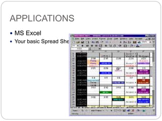 APPLICATIONS
 MS Excel
 Your basic Spread Sheet)
 