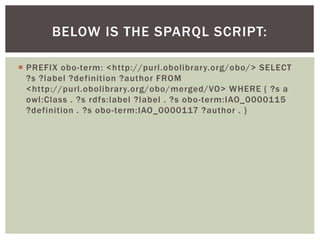  PREFIX obo-term: <http://purl.obolibrary.org/obo/> SELECT
?s ?label ?definition ?author FROM
<http://purl.obolibrary.org/obo/merged/VO> WHERE { ?s a
owl:Class . ?s rdfs:label ?label . ?s obo-term:IAO_0000115
?definition . ?s obo-term:IAO_0000117 ?author . }
BELOW IS THE SPARQL SCRIPT:
 