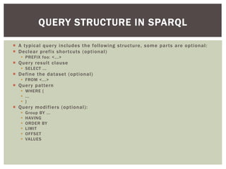  A typical query includes the following structure, some parts are optional:
 Declear prefix shortcuts (optional)
 PREFIX foo: <...>
 Query result clause
 SELECT ...
 Define the dataset (optional)
 FROM <...>
 Query pattern
 WHERE {
 ...
 }
 Query modifiers (optional):
 Group BY ...
 HAVING
 ORDER BY
 LIMIT
 OFFSET
 VALUES
QUERY STRUCTURE IN SPARQL
 