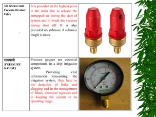 Air release cum
Vacuum Breaker
Valve
It is provided at the highest point
in the main line to release the
entrapped air during the start of
system and to break the vacuum
during shut off. It is also
provided on submain if submain
length is more.
nkcekih
(PRESSURE
GAUGE)
Pressure gauges are essential
components in a drip irrigation
system.
Providing vital
information concerning the
irrigation system, they help in
the detection of leaks and
clogging and in the management
of filters, chemical injectors and
in keeping the system in its
operating range.
.
 