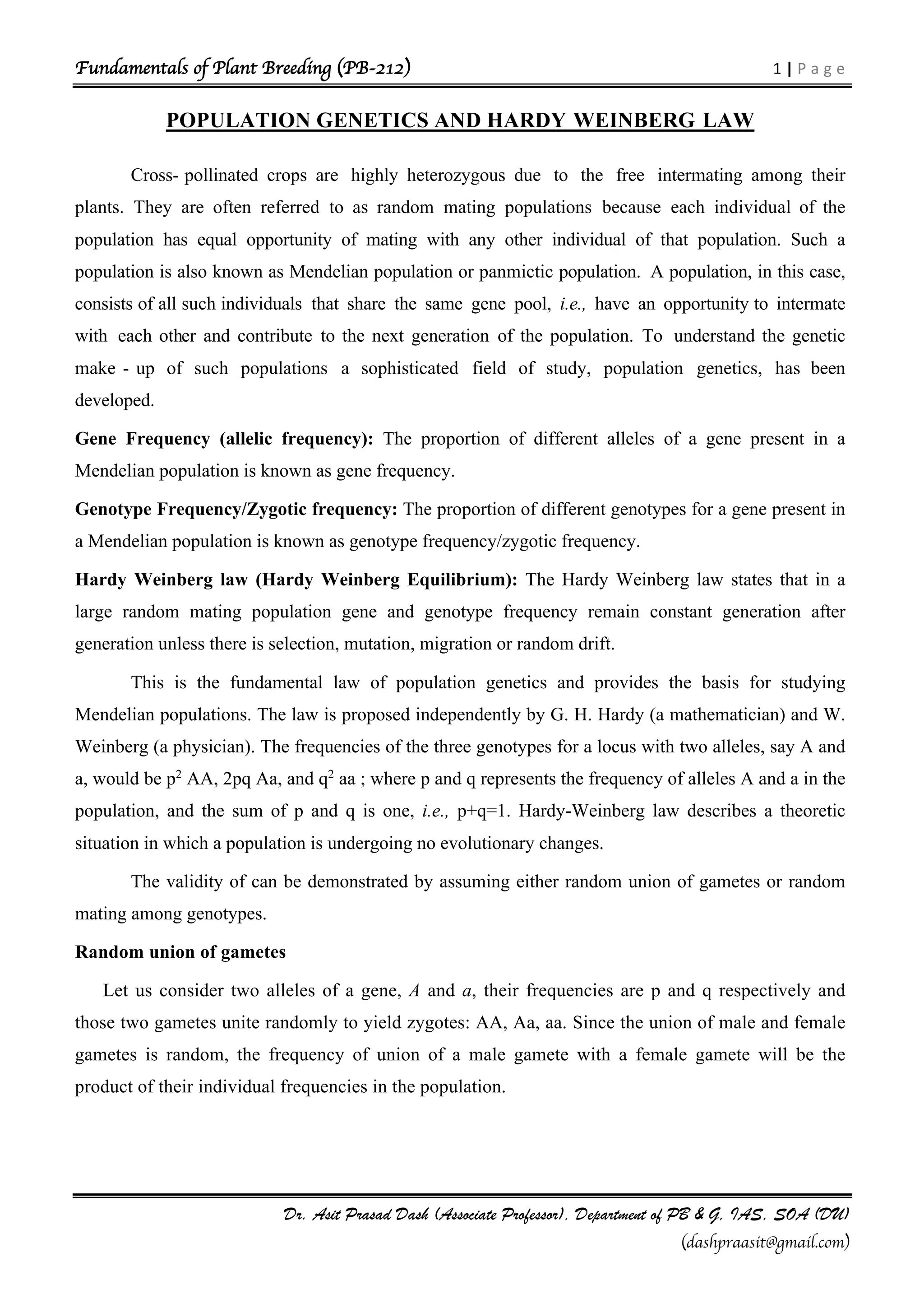 Population Genetics and Hardy Weinberg Law for B.Sc. (Ag.) | PDF