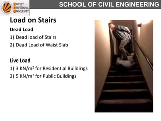 SCHOOL OF CIVIL ENGINEERING
Load on Stairs
Dead Load
1) Dead load of Stairs
2) Dead Load of Waist Slab
Live Load
1) 3 KN/m2 for Residential Buildings
2) 5 KN/m2 for Public Buildings
 