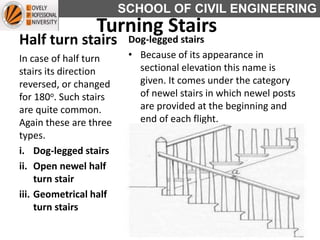 SCHOOL OF CIVIL ENGINEERING
Half turn stairs Dog-legged stairs
• Because of its appearance in
sectional elevation this name is
given. It comes under the category
of newel stairs in which newel posts
are provided at the beginning and
end of each flight.
In case of half turn
stairs its direction
reversed, or changed
for 180o. Such stairs
are quite common.
Again these are three
types.
i. Dog-legged stairs
ii. Open newel half
turn stair
iii. Geometrical half
turn stairs
Turning Stairs
 