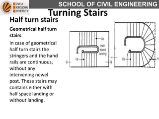 SCHOOL OF CIVIL ENGINEERING
Half turn stairs
Geometrical half turn
stairs
In case of geometrical
half turn stairs the
stringers and the hand
rails are continuous,
without any
intervening newel
post. These stairs may
contains either with
half space landing or
without landing.
Turning Stairs
 