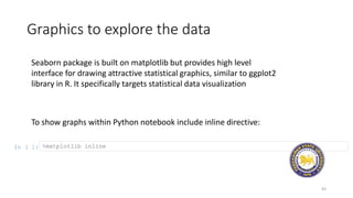 Graphics to explore the data
43
To show graphs within Python notebook include inline directive:
In [ ]: %matplotlib inline
Seaborn package is built on matplotlib but provides high level
interface for drawing attractive statistical graphics, similar to ggplot2
library in R. It specifically targets statistical data visualization
 