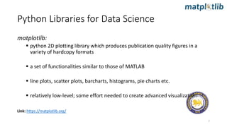 Python Libraries for Data Science
matplotlib:
 python 2D plotting library which produces publication quality figures in a
variety of hardcopy formats
 a set of functionalities similar to those of MATLAB
 line plots, scatter plots, barcharts, histograms, pie charts etc.
 relatively low-level; some effort needed to create advanced visualization
7
Link: https://matplotlib.org/
 