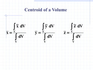 








V
V
V
V
V
V
dV
dV
z
~
z
dV
dV
y
~
y
dV
dV
x
~
x
Centroid of a Volume
 