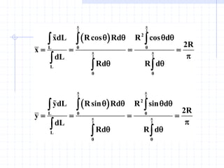  
 
2 2
2 2
2 2
2 2
2
0 0
L
L
0 0
2
0 0
L
L
0 0
Rcos Rd R cos d
xdL
2R
x
dL
Rd R d
Rsin Rd R sin d
ydL
2R
y
dL
Rd R d
 
 
 
 
   
   

 
   
   

 
 


 
 


 
 