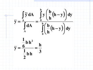  
 
3
h
h
b
2
1
h
b
6
1
y
dy
y
h
h
b
dy
y
h
h
b
y
dA
dA
y
~
y
2
h
0
h
0
A
A






















 