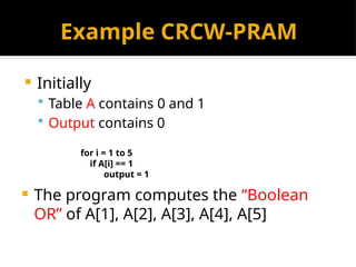 Example CRCW-PRAM
 Initially
 Table A contains 0 and 1
 Output contains 0
for i = 1 to 5
if A[i] == 1
output = 1
 The program computes the “Boolean
OR” of A[1], A[2], A[3], A[4], A[5]
 